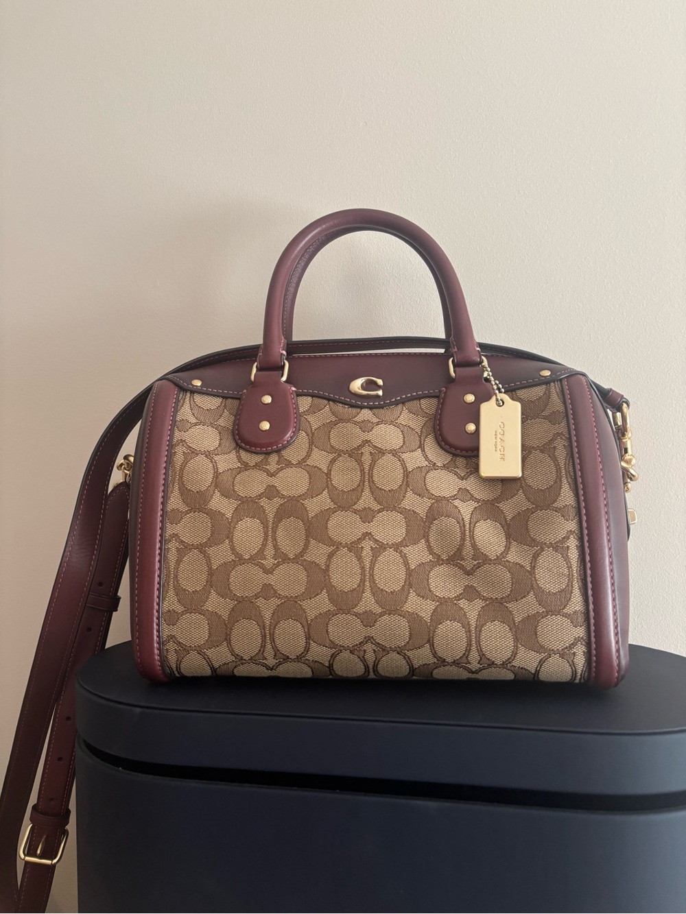 Coach Rowen Canvas Satchel with Burgundy Trim